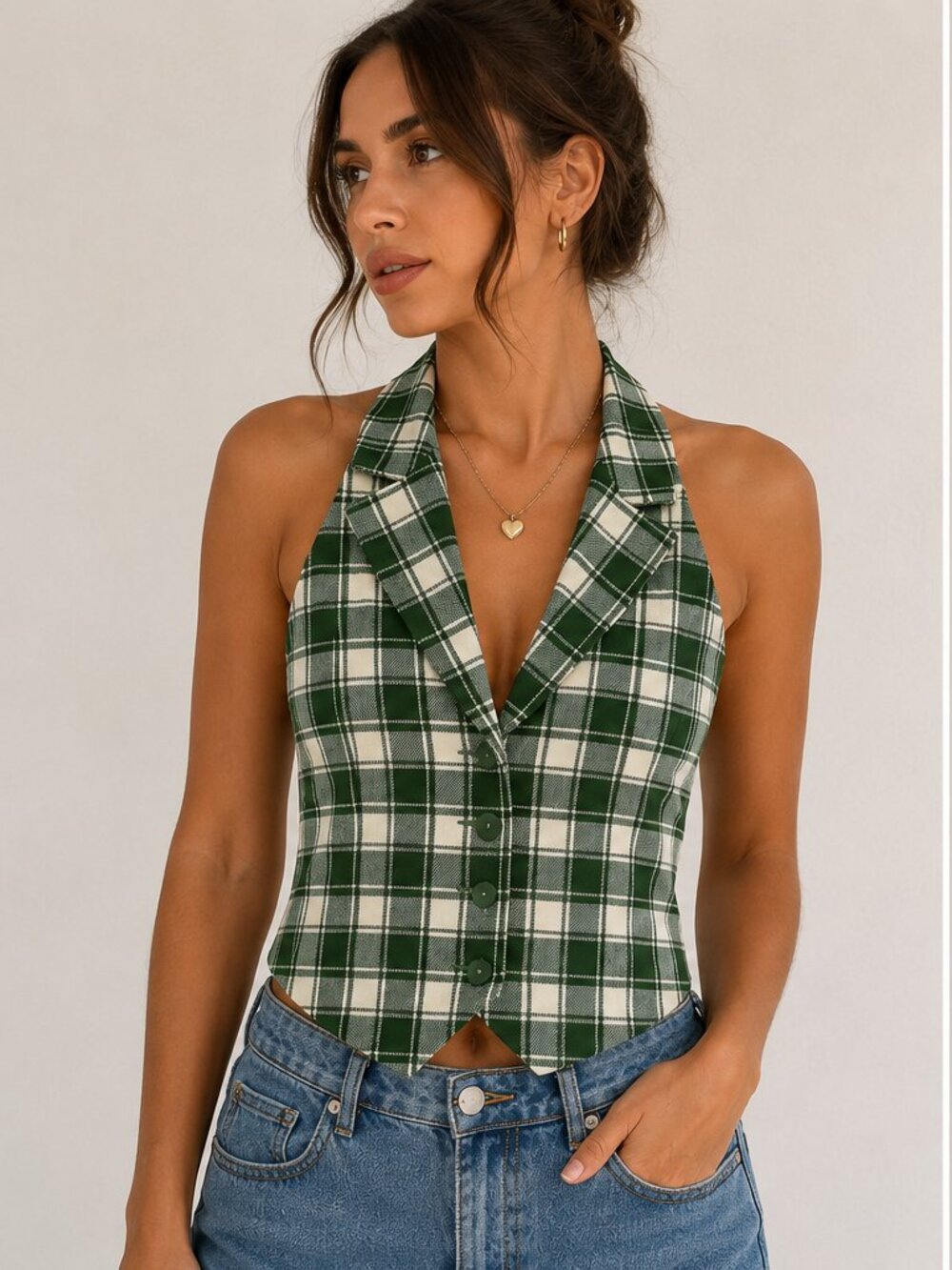 Halara Green Plaid Halter Vest Top Size M NWT Preppy Academia
